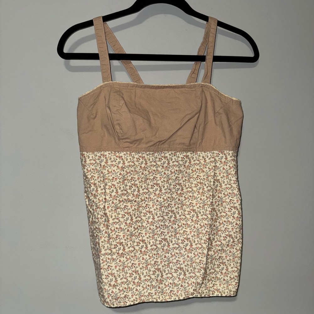 Vintage One Of A Kind Floral Cotton Cami Top Tan Boho Cottagecore Tie Back Large